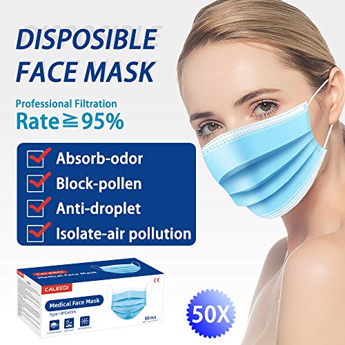 CALEEGI Medical Mask, Procedural Mask 50PCS, Dental Mask Disposable Breathable 3 Ply Elastic Earloop ASTM Health Safety Mask for family Personal Health Care