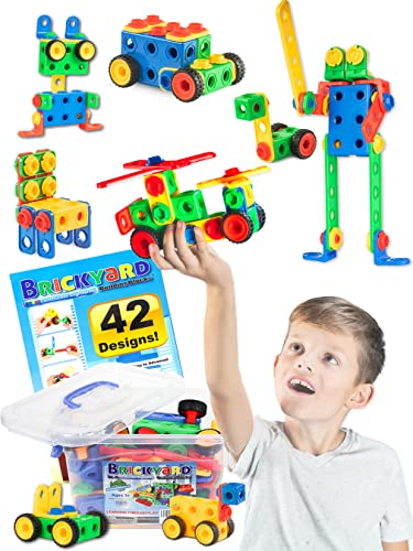 Brickyard Building Blocks STEM Toys - Educational Building Toys for Kids Ages 4-8 w/101 Pieces, Kid-Friendly Tools, Full-Color Design Guide, and Toy Storage Box