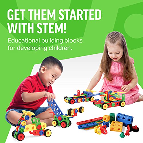 Brickyard Building Blocks STEM Toys - Educational Building Toys for Kids Ages 4-8 w/101 Pieces, Kid-Friendly Tools, Full-Color Design Guide, and Toy Storage Box