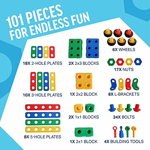 Brickyard Building Blocks STEM Toys - Educational Building Toys for Kids Ages 4-8 w/101 Pieces, Kid-Friendly Tools, Full-Color Design Guide, and Toy Storage Box