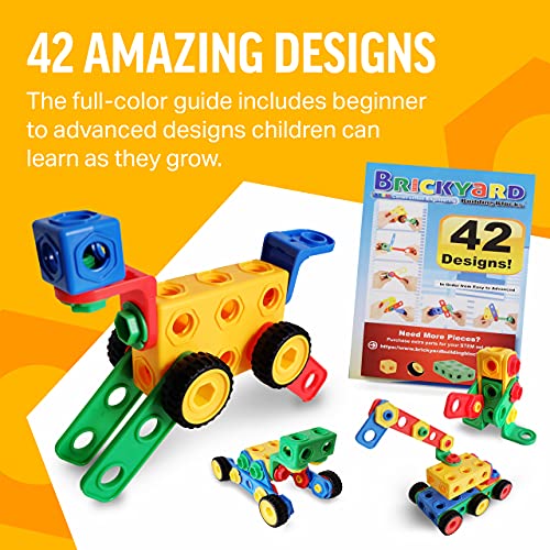 Brickyard Building Blocks STEM Toys - Educational Building Toys for Kids Ages 4-8 w/101 Pieces, Kid-Friendly Tools, Full-Color Design Guide, and Toy Storage Box
