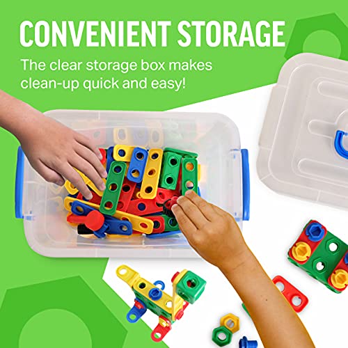 Brickyard Building Blocks STEM Toys - Educational Building Toys for Kids Ages 4-8 w/101 Pieces, Kid-Friendly Tools, Full-Color Design Guide, and Toy Storage Box