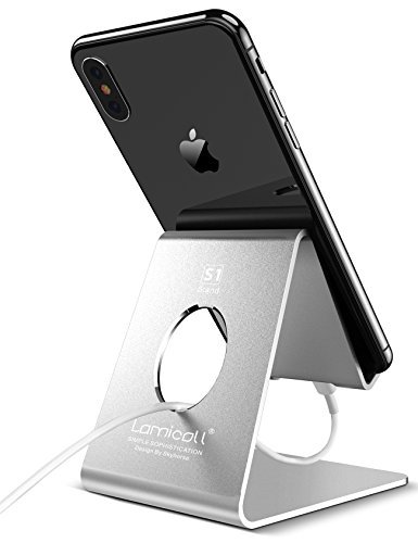 Cell Phone Stand, Lamicall Phone Stand : Cradle Dock Holder Compatible with All Android Smartphone iPhone 11 Pro Xs Xs Max Xr X 8 7 6 6s Plus Charging, Universal Accessories Desk - Polished Silver