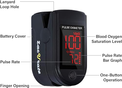 Zacurate Pro Series 500DL Fingertip Pulse Oximeter Blood Oxygen Saturation Monitor with Silicon Cover, Batteries and Lanyard (Royal Black)