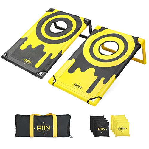 A11N Portable PVC Framed Bean Bag Toss Game Set with 8 Bean Bags & Carry Bag | Most Popular Cornhole Game Set | Yellow & Black or American Flag Pattern | Indoor/Outdoor