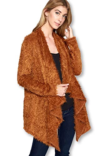RENEEC. Women's Open Front Long Sleeve Faux Fur Fashion Cardigan Sweater (X-Large, Rust)