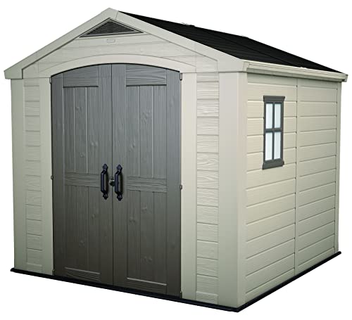 KETER Factor 8x8 Foot Large Resin Outdoor Shed with Floor for Patio Furniture, Lawn Mower, and Bike Storage, Taupe & Brown