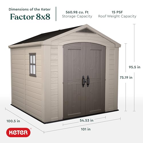 KETER Factor 8x8 Foot Large Resin Outdoor Shed with Floor for Patio Furniture, Lawn Mower, and Bike Storage, Taupe & Brown