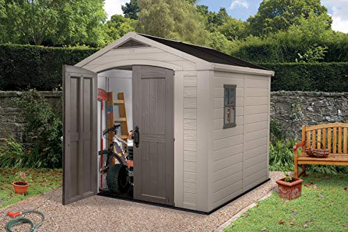 KETER Factor 8x8 Foot Large Resin Outdoor Shed with Floor for Patio Furniture, Lawn Mower, and Bike Storage, Taupe & Brown