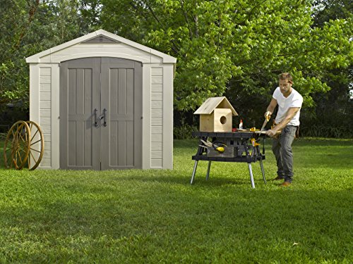 KETER Factor 8x8 Foot Large Resin Outdoor Shed with Floor for Patio Furniture, Lawn Mower, and Bike Storage, Taupe & Brown