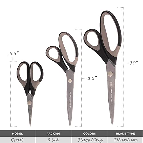 BambooMN Super Sharp Titanium Scissors 3-Pack Set for Sewing, Arts, Crafts - Assorted Sizes