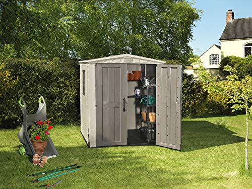 Keter Factor 6x6 Large Resin Outdoor Shed for Patio Furniture, Lawn Mower, and Bike Storage, Beige/Brown