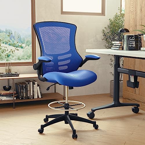 Kelista Mid-Back Blue Mesh Ergonomic Drafting Chair | Adjustable Foot Ring, Flip-Up Arms
