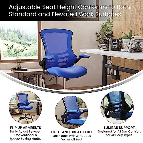 Kelista Mid-Back Blue Mesh Ergonomic Drafting Chair | Adjustable Foot Ring, Flip-Up Arms