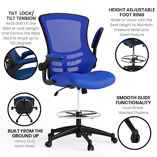 Kelista Mid-Back Blue Mesh Ergonomic Drafting Chair | Adjustable Foot Ring, Flip-Up Arms