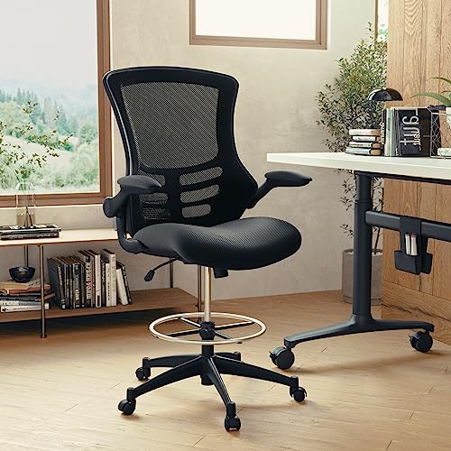 Kelista Mid-Back Black Mesh Drafting Chair with Adjustable Features