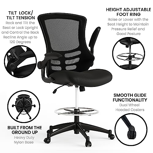 Kelista Mid-Back Black Mesh Drafting Chair with Adjustable Features