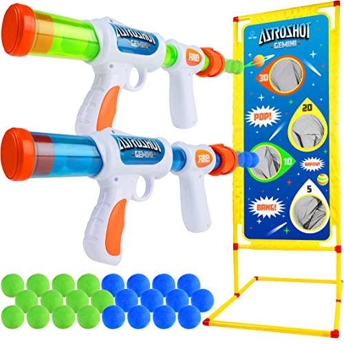 USA Toyz Astroshot Gemini Shooting Game - 2pk Foam Ball Popper Air Toy Guns and Standing Shooting Target, 2-Player Toy Guns for Kids with 24 Foam Balls