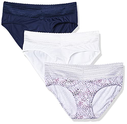 Warner's Women's Blissful Benefits No Muffin Top 3 Pack Hipster Panties, Navy Ink/White/Lilac Petals Print, 2XL