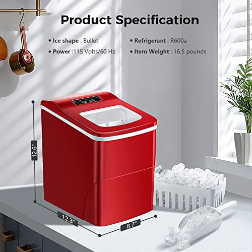 AGLUCKY Portable Ice Maker, Red - 26.5lbs/24hrs, 9 Cubes