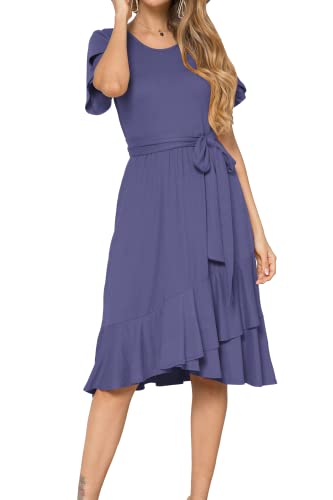 Womens Casual Swing Short Sleeve Loose Midi Belt Dress Daybreak S