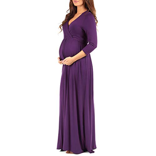 Maternity V-Neck Dress with Ruched Waist - Eggplant