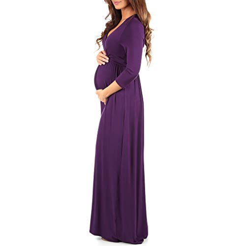 Maternity V-Neck Dress with Ruched Waist - Eggplant
