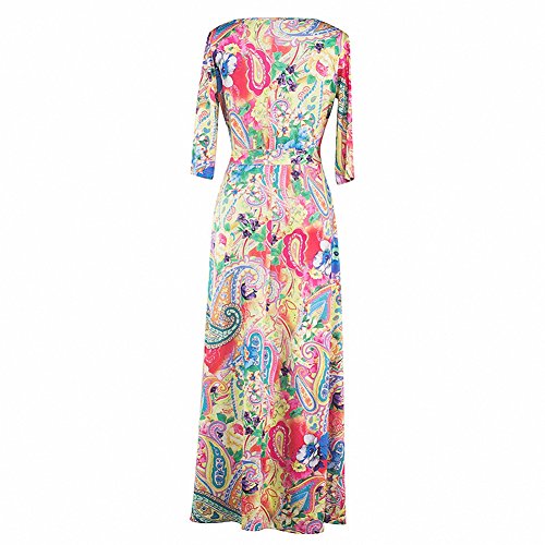 Afibi Womens Bohemian 3/4 Sleeve Faux Wrap Maxi Dress with Belt (X-Large, Design 4)