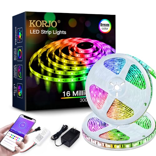 KORJO Dream Color LED Strip Lights, 32.8ft/10M Bluetooth LED Chasing Light with APP, 12V 300 LEDs 5050 RGB Color Changing Rope Light Kit, Flexible Led Strip Lighting for Home Kitchen