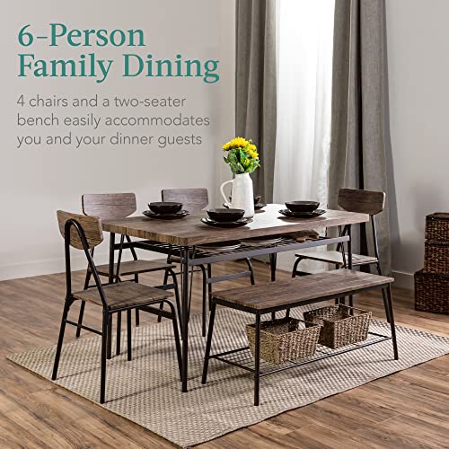 Best Choice Products 6-Piece 55in Modern Home Dining Set w/Storage Racks, Rectangular Table, Bench, 4 Chairs - Brown