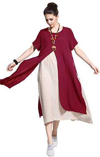 Soft Linen&Cotton Dress in Dark Red - Plus Size