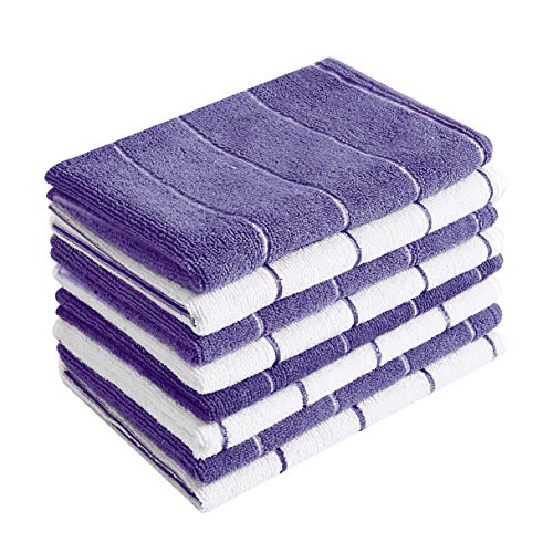 Microfiber Kitchen Towels - Super Absorbent, Soft and Solid Color Dish Towels, 8 Pack (Stripe Designed Purple and White Colors), 26 x 18 Inch (Purple)