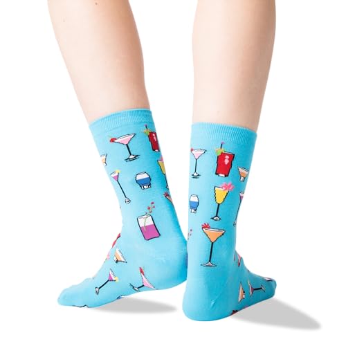 Hot Sox Women's Food Alcohol Novelty Fashion Casual Crew Socks, Tropical Drinks (Turquoise), Shoe Size: 4-10