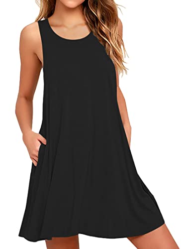 AUSELILY Women's Solid Plain Ladies Long Top Blouse Summer Womens Sleeveless Mini Dress Black