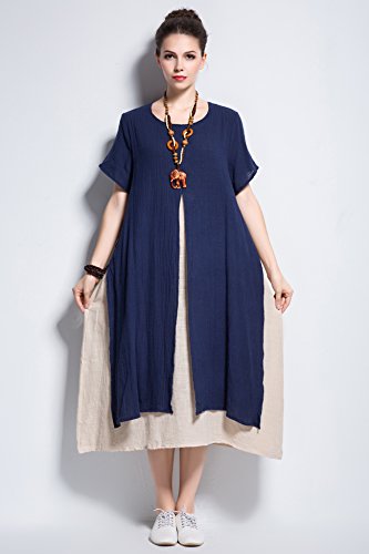 Navy Linen Cotton Dress for Plus Size