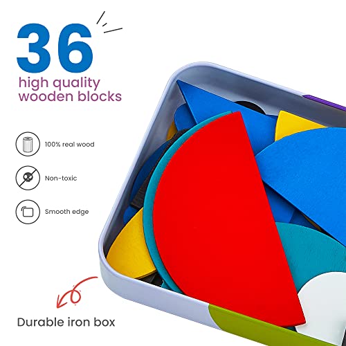 LiKee Wooden Pattern Blocks Animals Jigsaw Puzzle Sorting and Stacking Games Montessori Educational Toys for Toddlers Kids Boys Girls Age 3+ Years Old (36 Shape Pieces& 60 Design Cards in Iron Box)