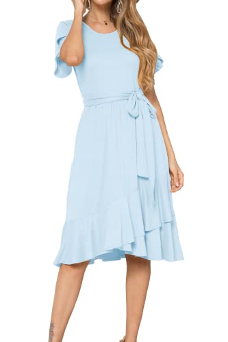 levaca Women Casual Short Sleeve Loose Flowy Tunic Midi Dress Sky Blue S
