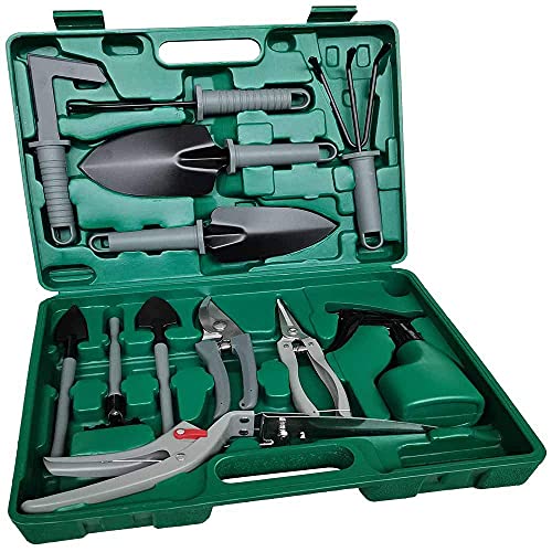 TOORGGOO Gardening Tools Set 13 Pieces,Ergonomic Handle Trowel Rake Weeder Pruner Shears Sprayer, Garden Hand Tools with Carrying Case Gardening Gifts for Women
