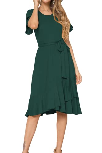 Women Casual Flowy Ruffle Knee Midi Length Work Dress Green XL