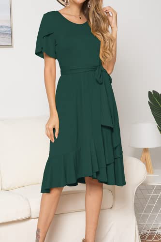 Women Casual Flowy Ruffle Knee Midi Length Work Dress Green XL