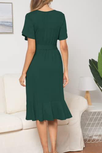 Women Casual Flowy Ruffle Knee Midi Length Work Dress Green XL