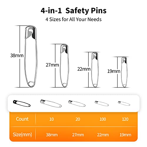 Officepal Premium Quality 4-Size Pack of Safety Pins- Top 250-Count ? Durable, Rust-Resistant Nickel Plated Steel Set- Best Sewing Accessories Kit for Baby Clothing, Crafts, Arts (4-Size in 1 No.001)