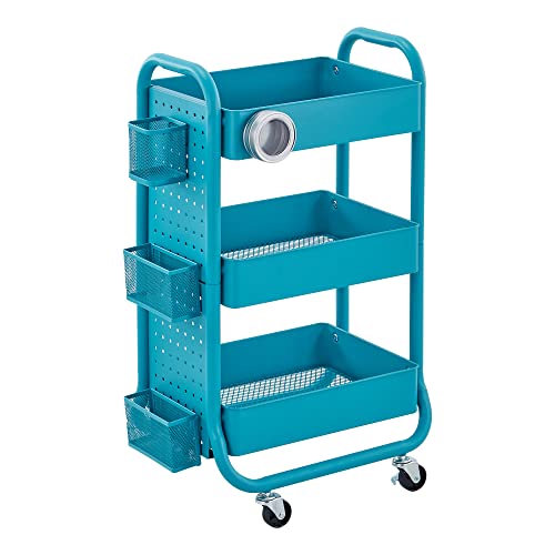 DESIGNA 3-Tier Metal Rolling Utility Cart with Handle, Craft Art Carts & Extra Office Storage Accessories Turquoise