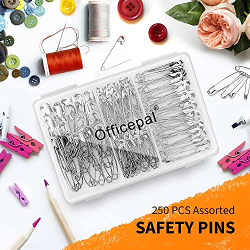 Officepal Premium Quality 4-Size Pack of Safety Pins- Top 250-Count ? Durable, Rust-Resistant Nickel Plated Steel Set- Best Sewing Accessories Kit for Baby Clothing, Crafts, Arts (4-Size in 1 No.001)