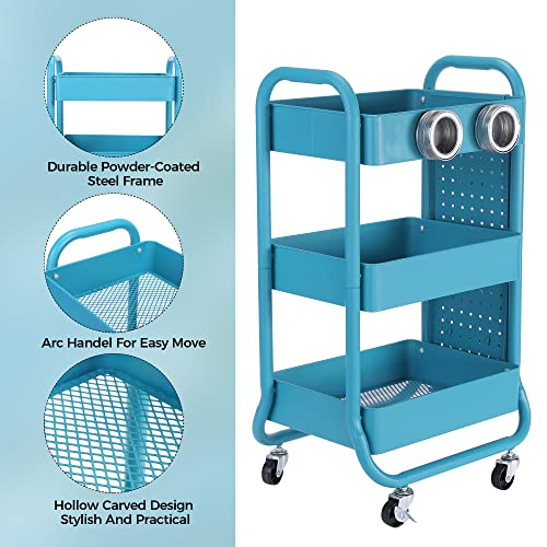 DESIGNA 3-Tier Metal Rolling Utility Cart with Handle, Craft Art Carts & Extra Office Storage Accessories Turquoise