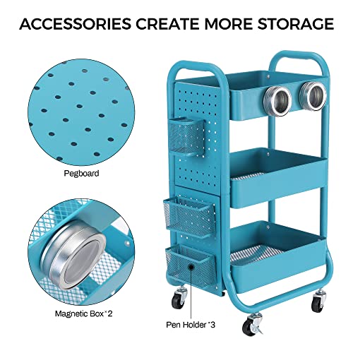 DESIGNA 3-Tier Metal Rolling Utility Cart with Handle, Craft Art Carts & Extra Office Storage Accessories Turquoise