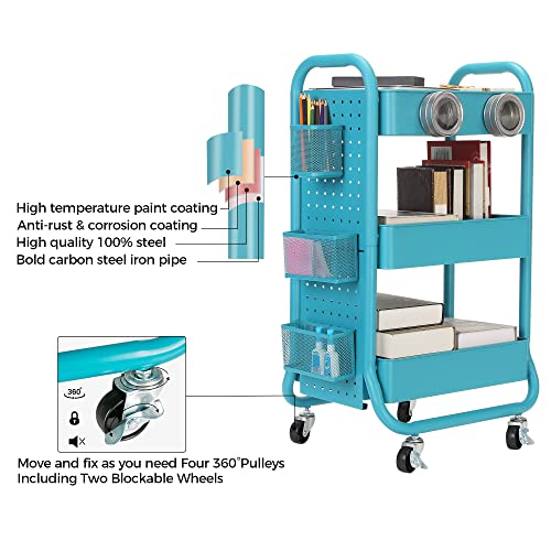 DESIGNA 3-Tier Metal Rolling Utility Cart with Handle, Craft Art Carts & Extra Office Storage Accessories Turquoise