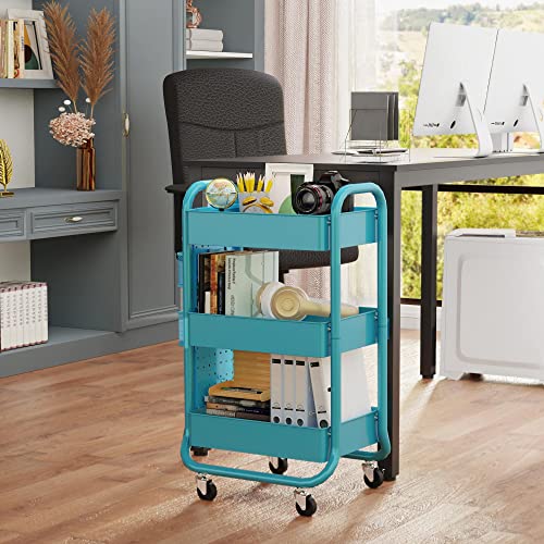 DESIGNA 3-Tier Metal Rolling Utility Cart with Handle, Craft Art Carts & Extra Office Storage Accessories Turquoise