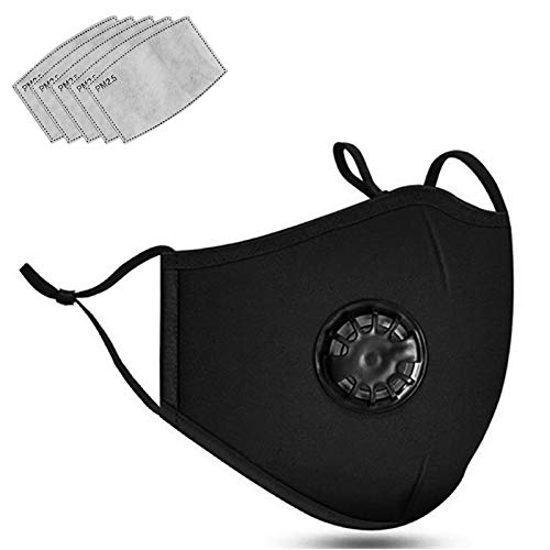 Irisvito Dust Cotton Cloth Mask, Washable Reusable Mask with Cord Locks Filter Element Breathing Valve Outdoor Sports Face Mask (Black, with 5 Filters)