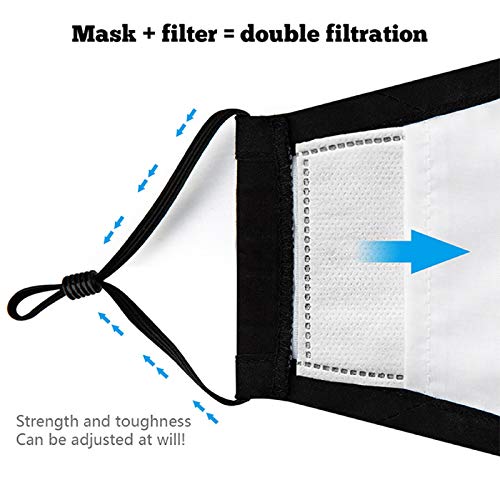 Irisvito Dust Cotton Cloth Mask, Washable Reusable Mask with Cord Locks Filter Element Breathing Valve Outdoor Sports Face Mask (Black, with 5 Filters)